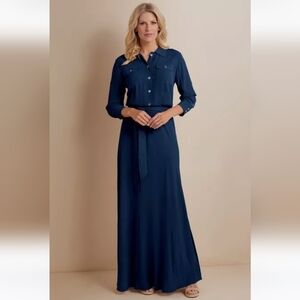 Soft Surroundings Savannah Navy Blue Belted Maxi Dress Women's Size Tall Medium